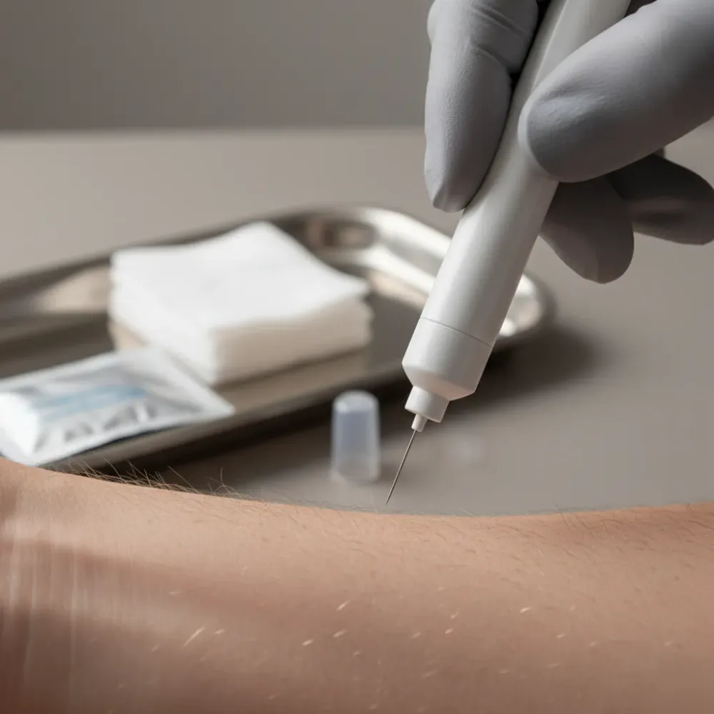 Close-up of a gloved hand holding a weight loss injection pen near a patient's forearm in a clinic setting.
