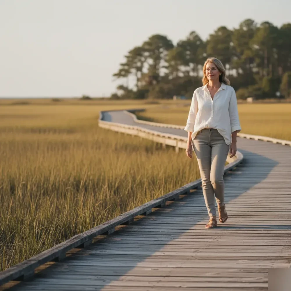 Woman in her early 50s walks along a wooden marsh boardwalk in coastal South Carolina under warm afternoon sunlight — Weight Loss Consultation at Jolie Visage in Murrells Inlet, SC