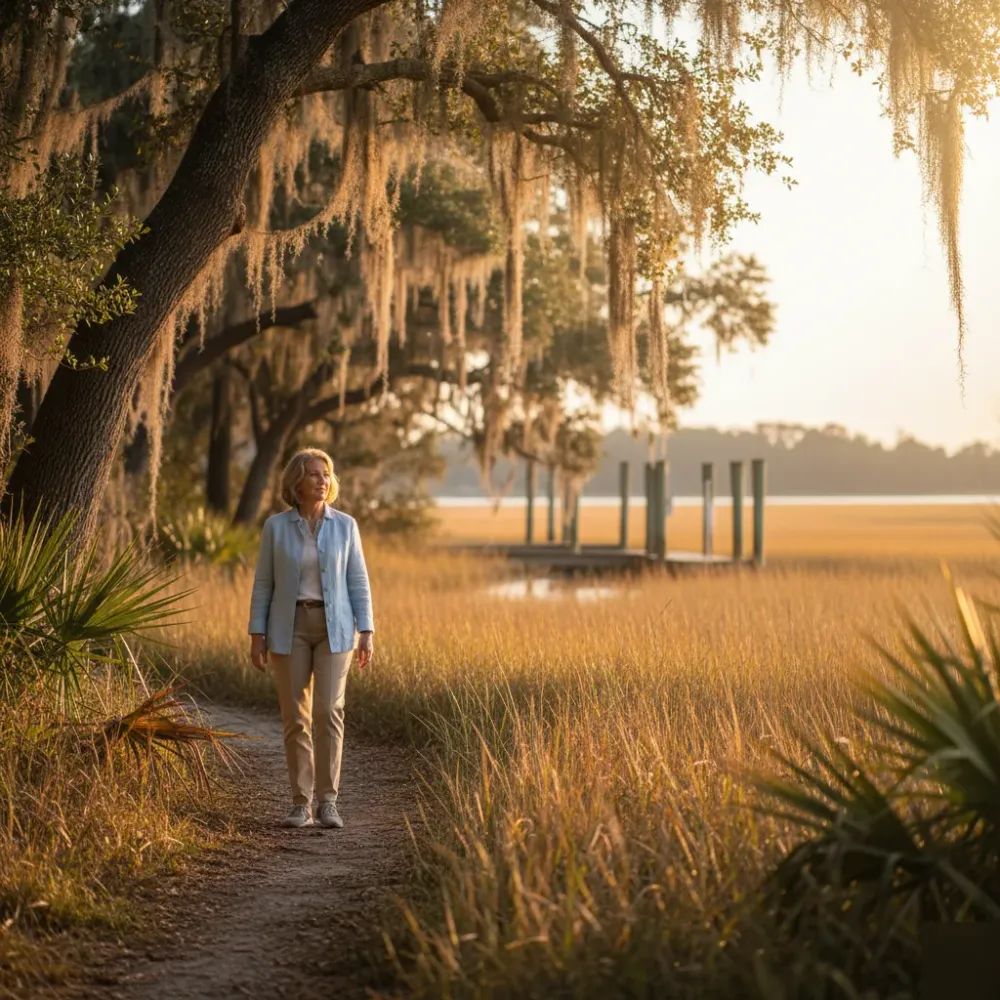 Woman in her early 60s walks along a marsh-side path in Murrells Inlet during golden hour light.
