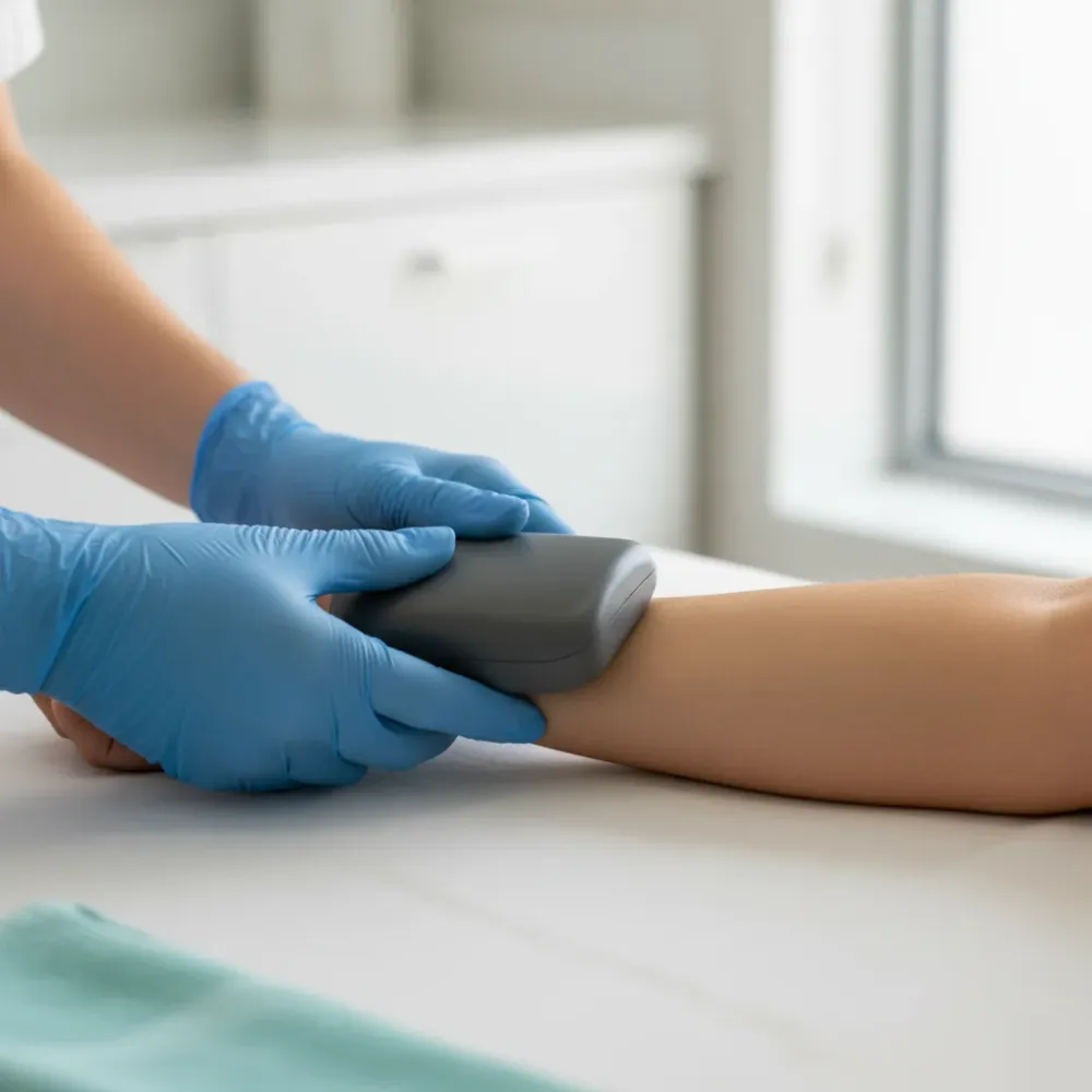 A provider places a body composition measurement device on a patient's forearm during a weight loss maintenance assessment.