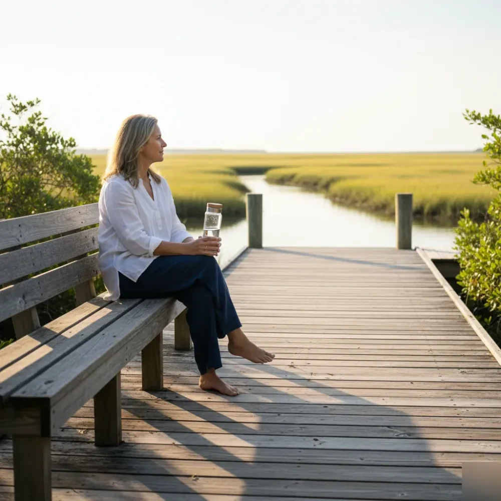 Woman sits on a sunlit coastal dock in Murrells Inlet holding a water bottle, surrounded by marsh grass and calm water.