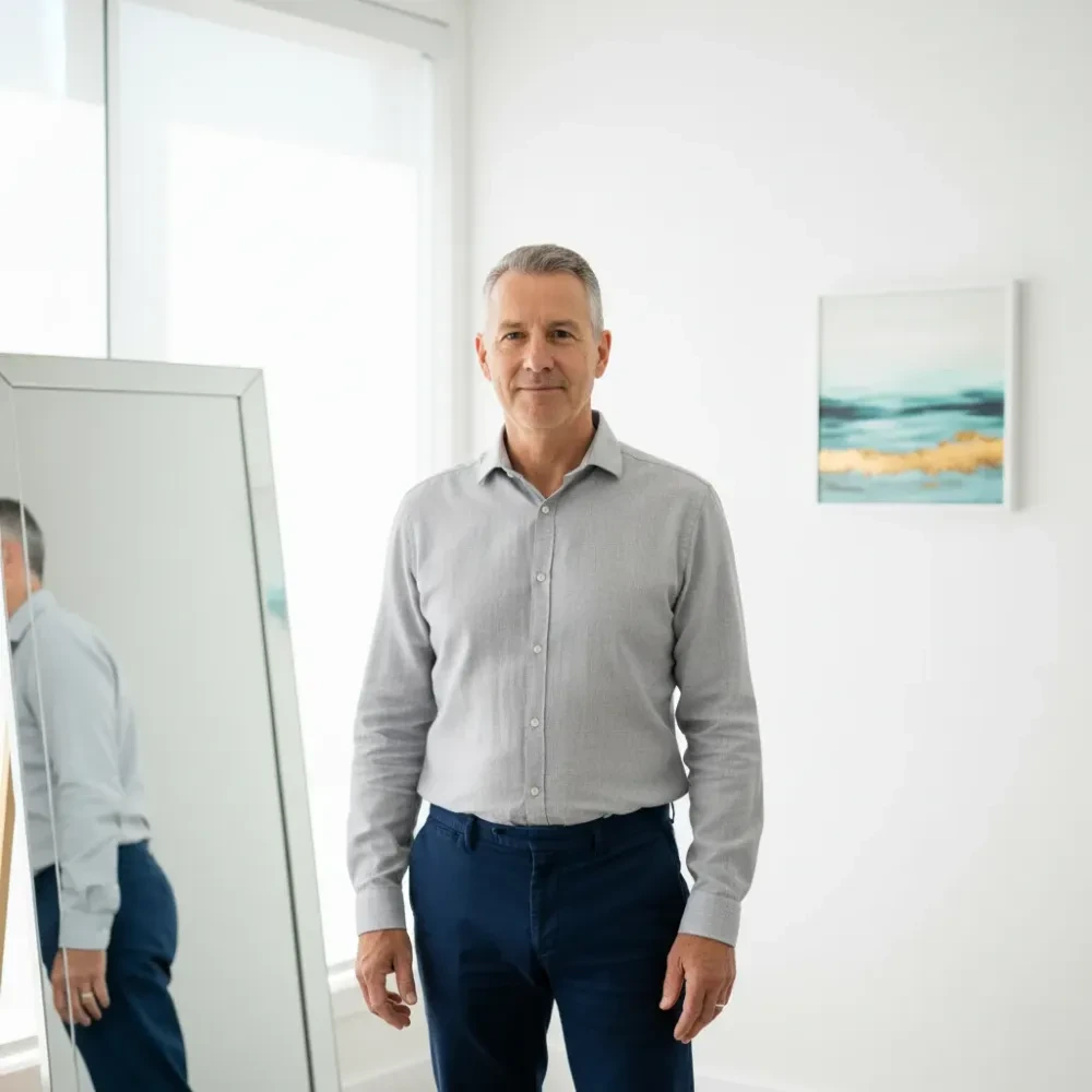 Man in his late 50s stands relaxed before a mirror in a bright clinic room, reflecting a stable healthy physique.