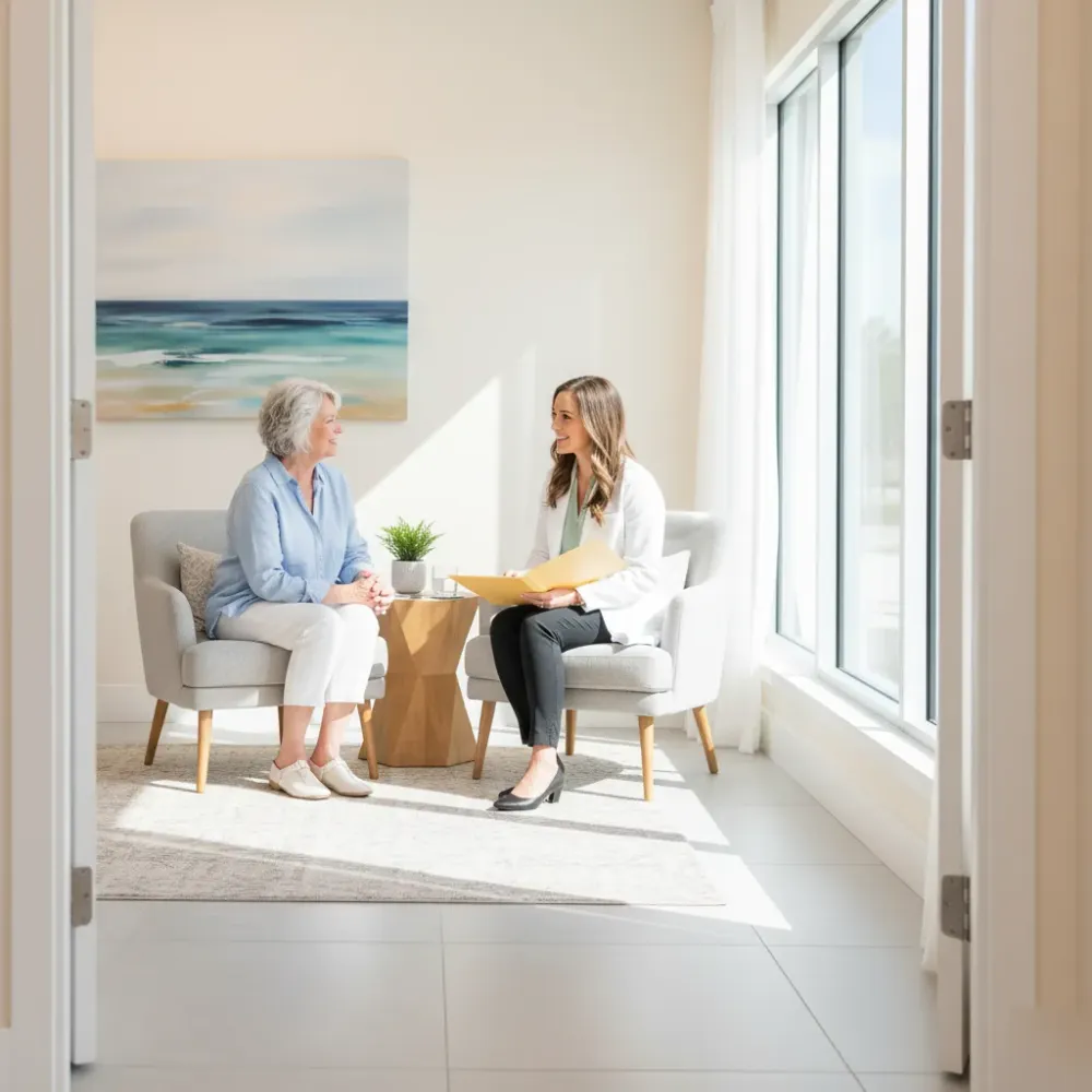 A patient and provider sit in a bright boutique clinic room in Murrells Inlet during a weight loss monitoring appointment.