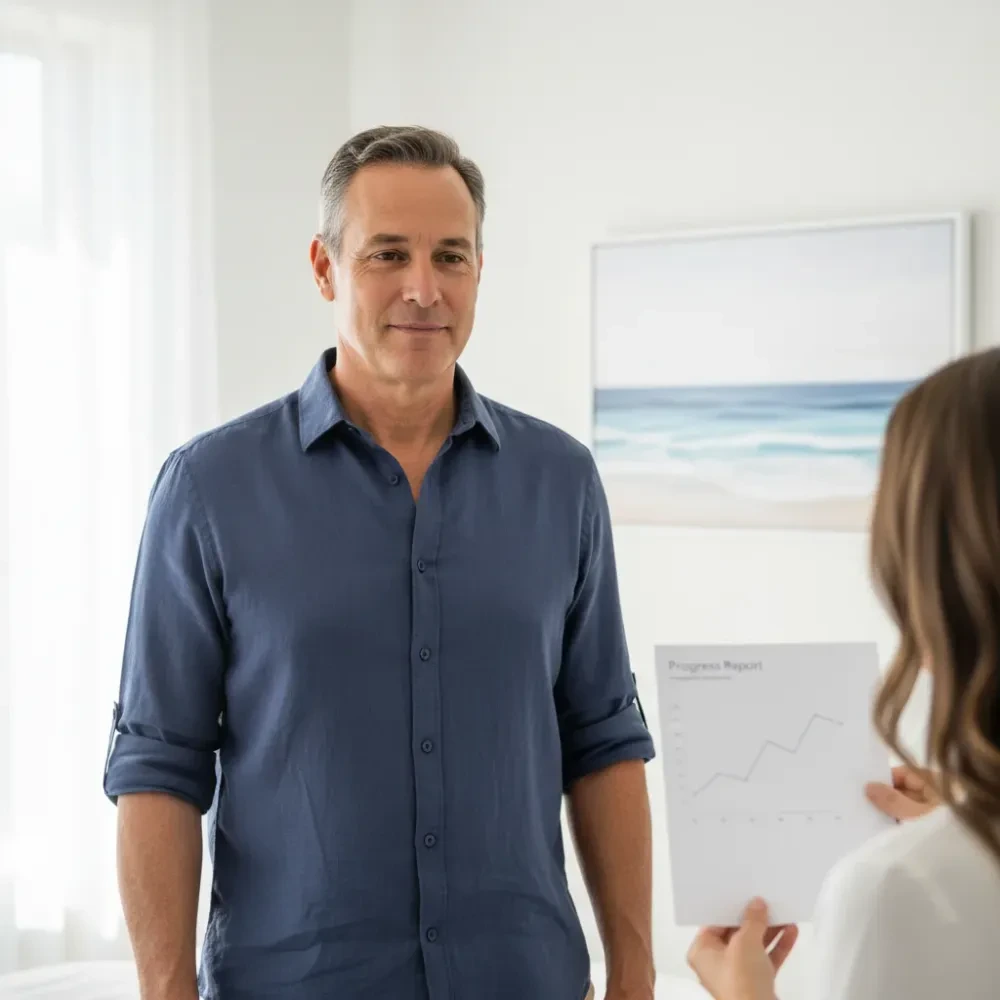 Man in his late 50s stands beside a provider reviewing a printed progress report in a bright coastal clinic room — Weight Loss Consultation at Jolie Visage in Murrells Inlet, SC
