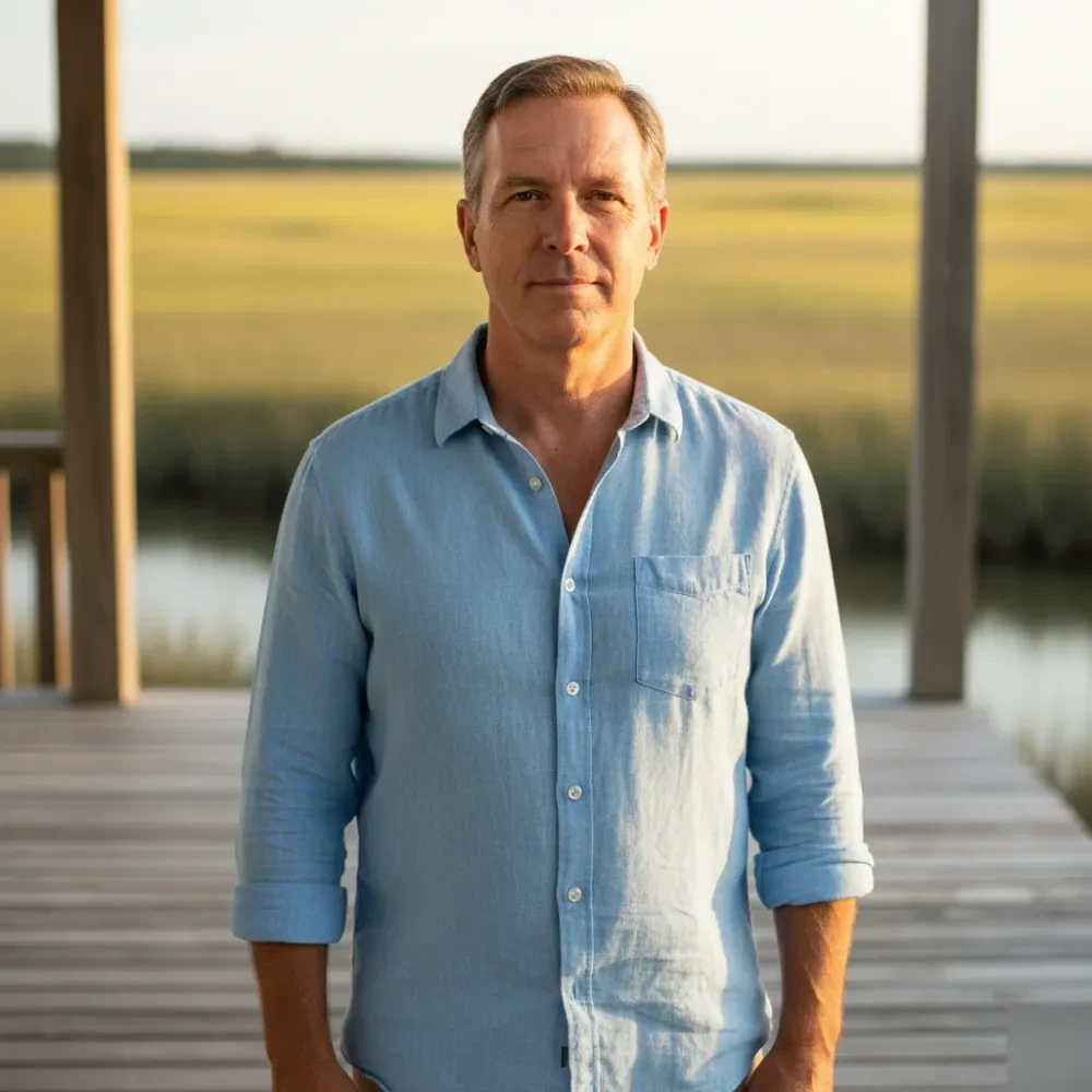 Man in his late 50s stands on a sunlit wooden porch overlooking South Carolina Lowcountry marsh grasses in the late
