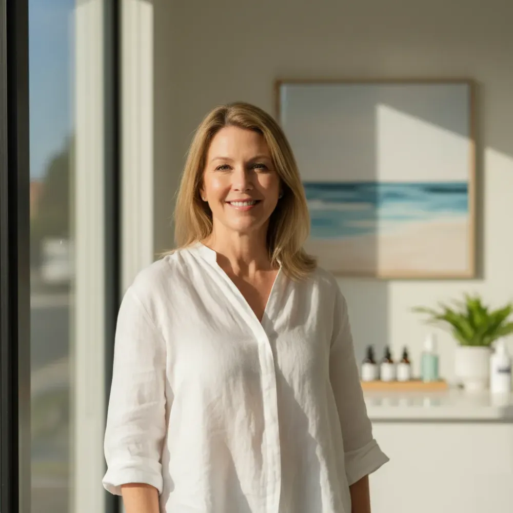 A woman in her mid-50s smiles calmly near a sunlit window inside a bright, modern weight loss clinic.