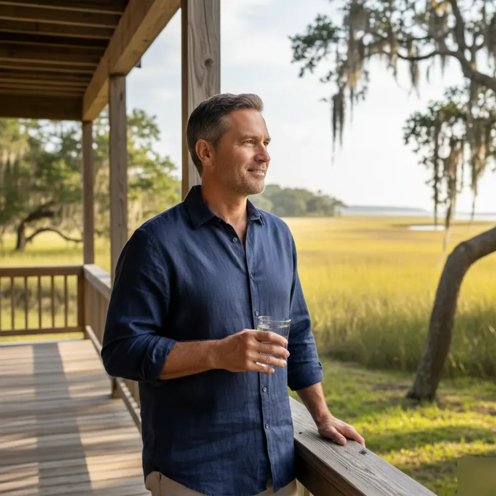 Man in his 50s stands on a sunlit coastal porch in Murrells Inlet looking confident and well-rested.