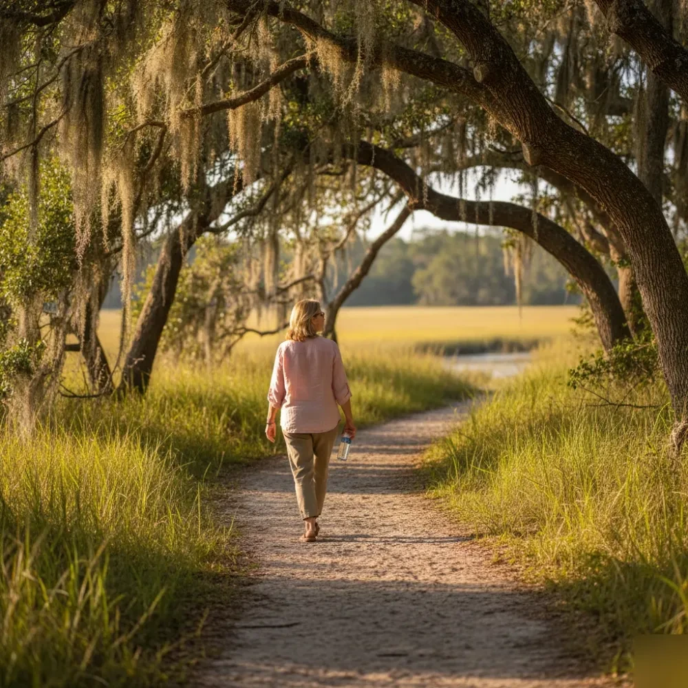 Woman walks a shaded marsh-side path in Murrells Inlet after completing a weight loss blood panel.