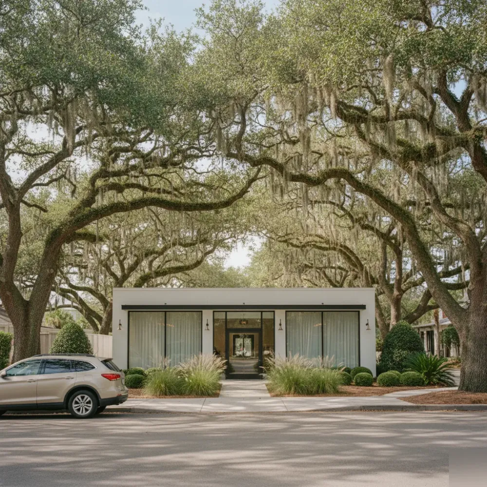 Boutique wellness clinic exterior along a live oak-lined road with palmetto landscaping in Murrells Inlet.