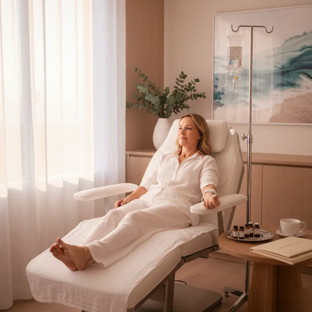 Woman reclining in a sunlit boutique wellness clinic interior with IV stand and vitamin vials nearby in Murrells Inlet.