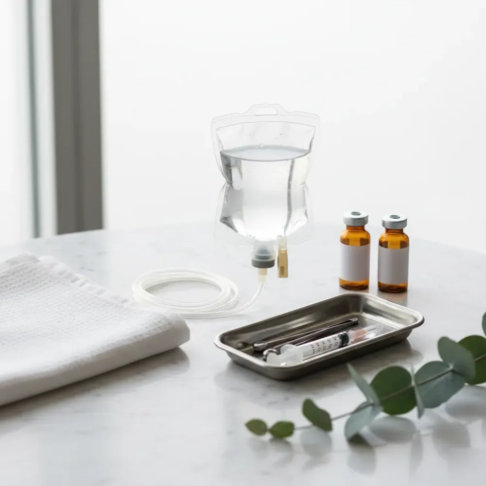 Glass IV drip bag, amber vials, and a steel tray arranged on white marble in a wellness clinic setting.