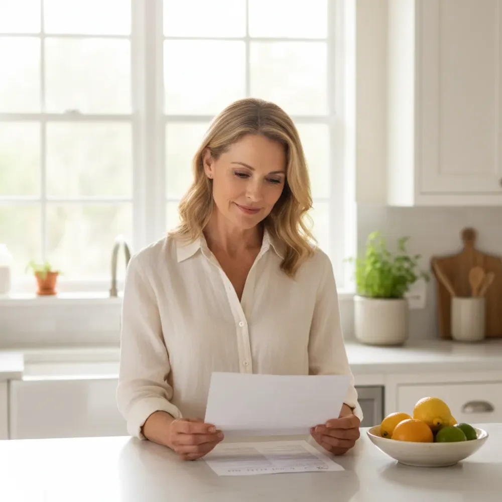 Woman in her early 50s reviewing a printed meal plan at a bright kitchen counter with fresh citrus nearby.