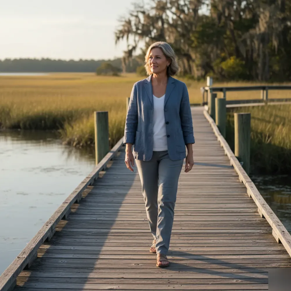 Woman in her late 50s walking along a wooden dock boardwalk at golden hour near a coastal South Carolina inlet.