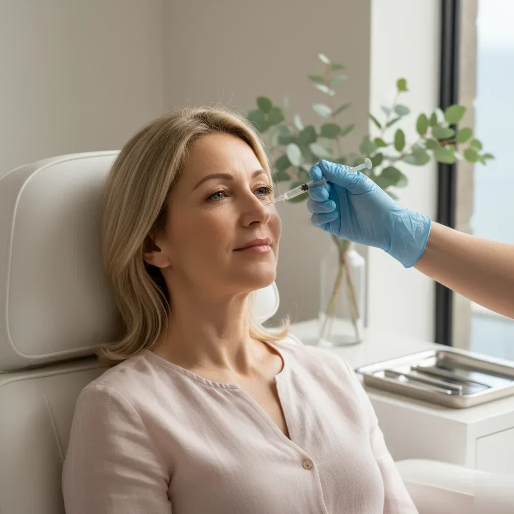 Woman in her 50s receiving a wrinkle reduction injection near her eye at a boutique med spa in Murrells Inlet.