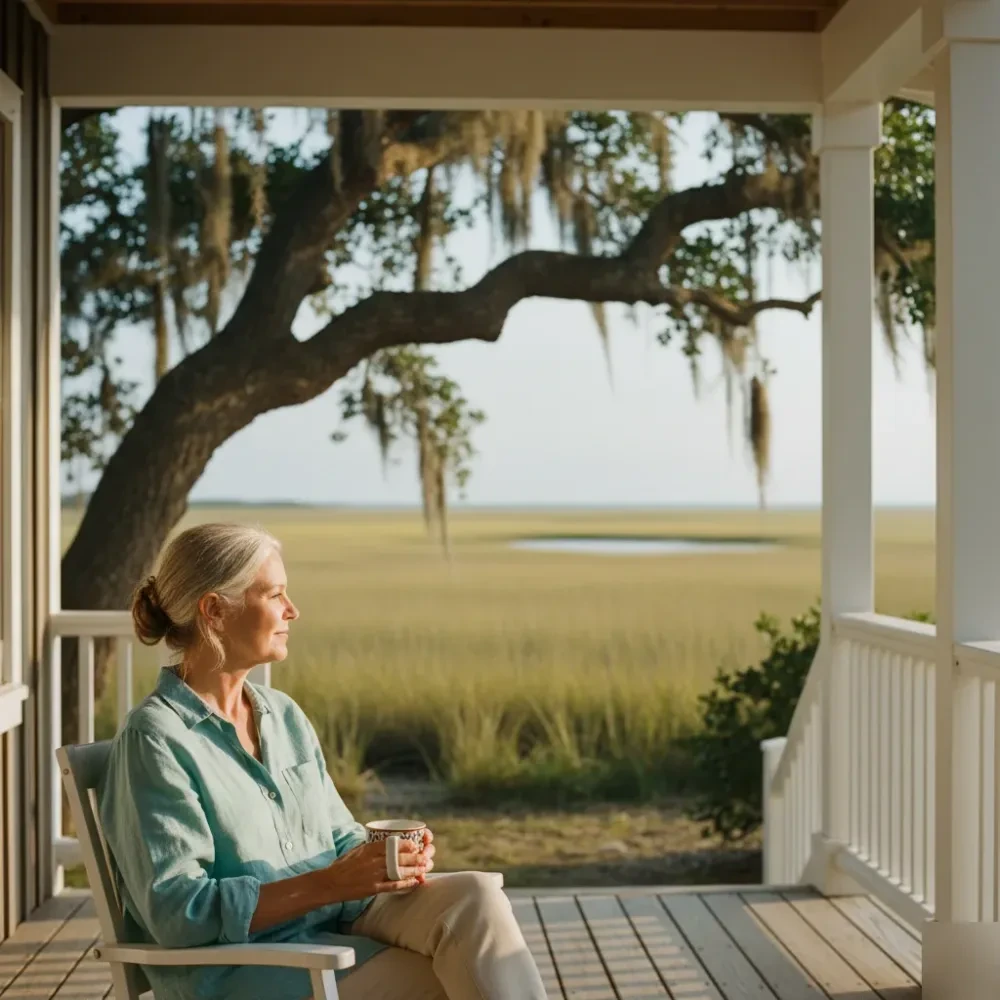 Woman in her early 60s sits on a marsh-view porch in Murrells Inlet holding a coffee mug with a calm expression — Wrinkle Reduction at Jolie Visage in Murrells Inlet, SC