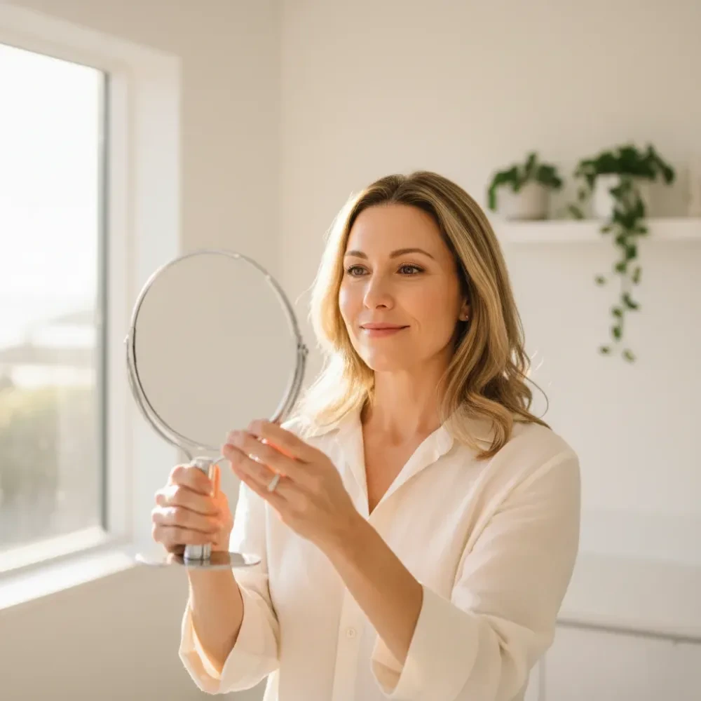 Woman in her late 40s examines her smooth skin in a handheld mirror inside a bright boutique clinic — Wrinkle Reduction at Jolie Visage in Murrells Inlet, SC