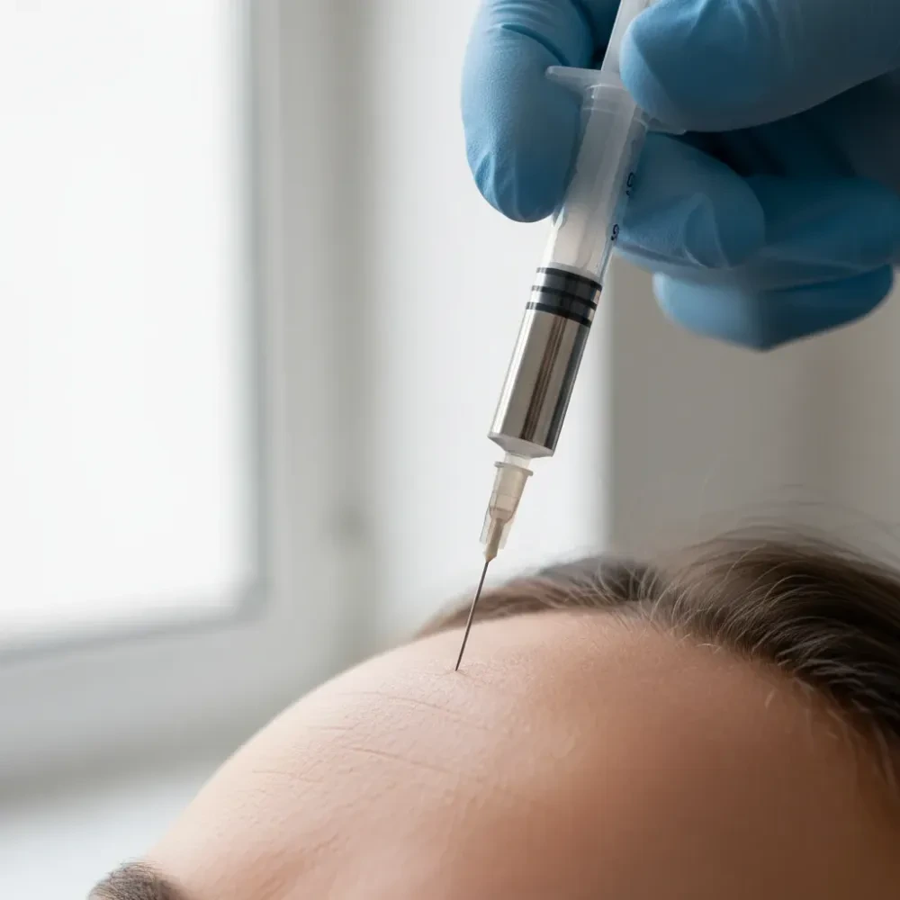 Close-up of a syringe needle positioned above a forehead with visible fine lines during a wrinkle reduction treatment.