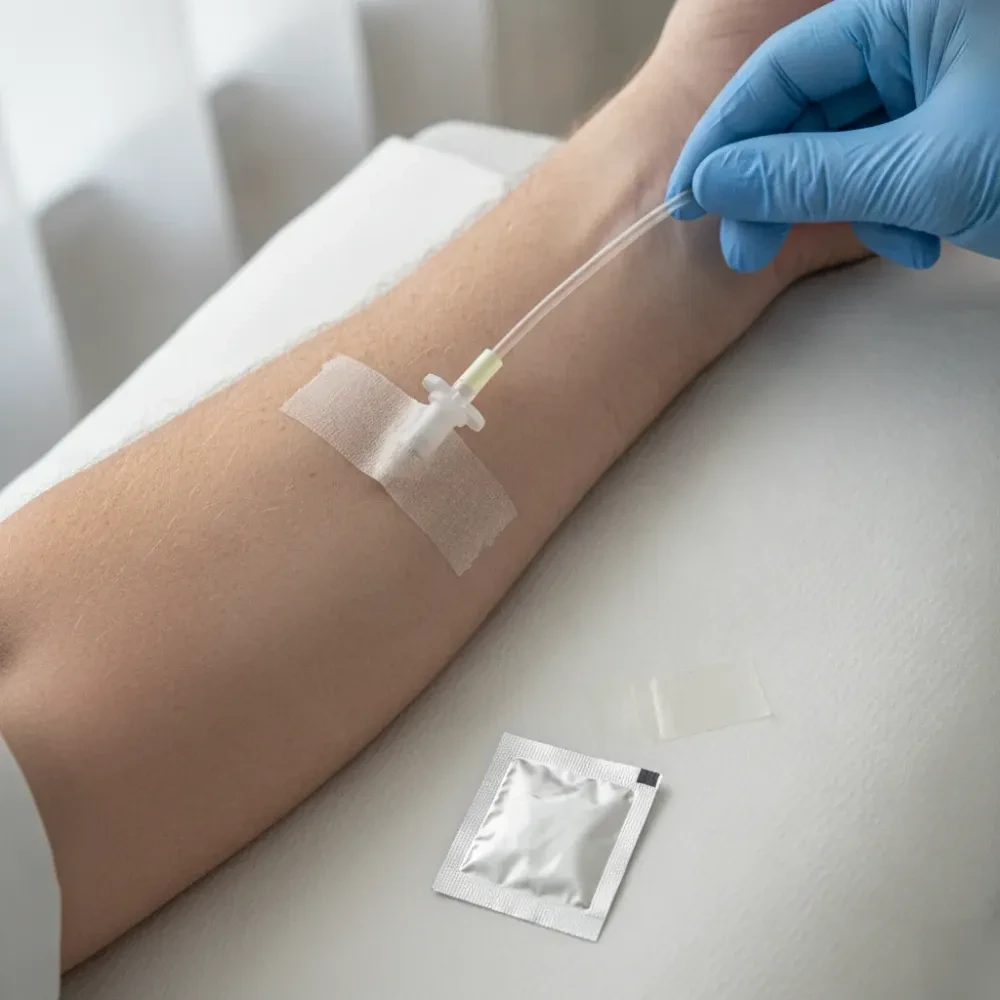 Close-up of IV cannula secured on a patient's forearm during an IV therapy recharge session.