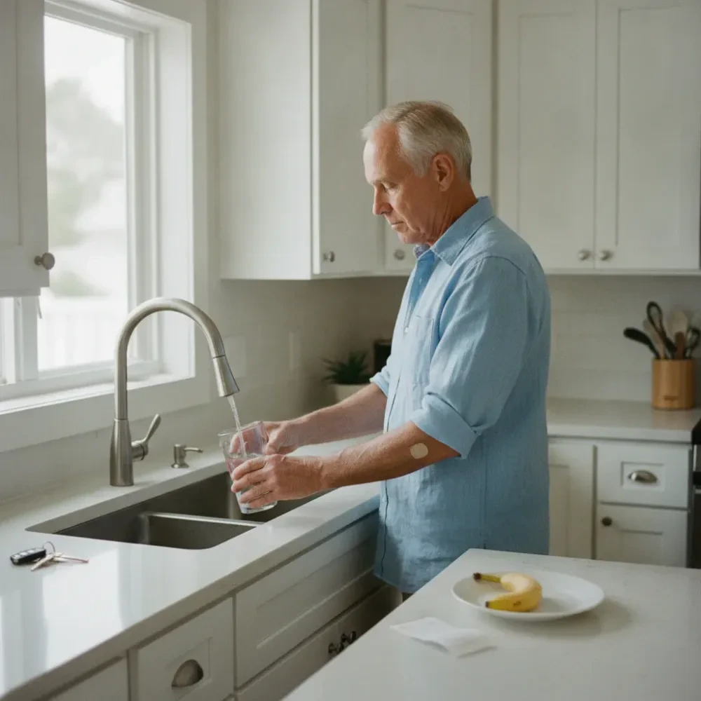 Man with IV bandage on forearm filling a glass of water at a coastal home kitchen after IV therapy recharge.