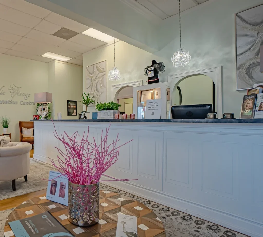 Reception counter at Jolie Visage Rejuvenation Centre medical spa in Murrells Inlet, SC