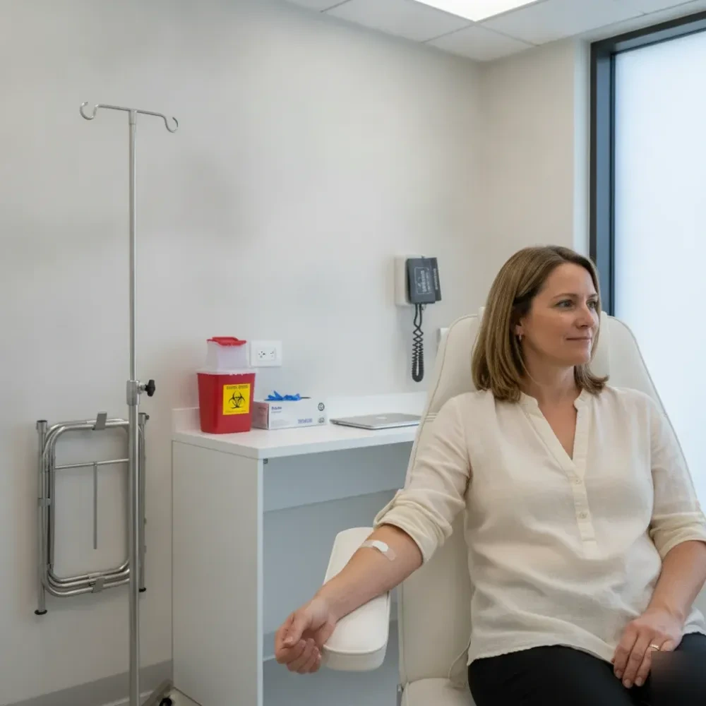 Woman sitting calmly after completing an IV therapy recharge infusion at a Murrells Inlet medical spa.